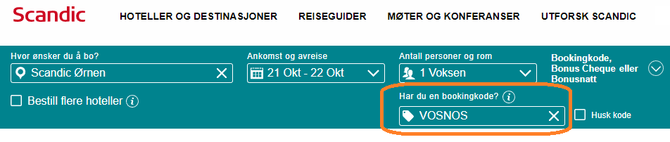 Vosnos bookingkode scandic hotels