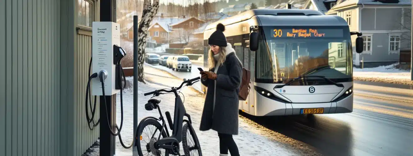 Commuter shows monthly pass while locking bike ev charging in norwegian suburb