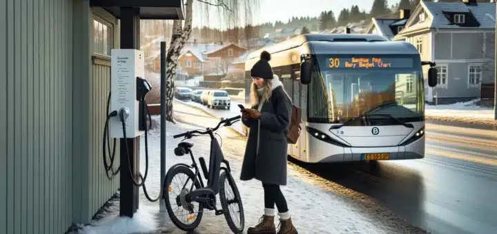 Commuter shows monthly pass while locking bike ev charging in norwegian suburb