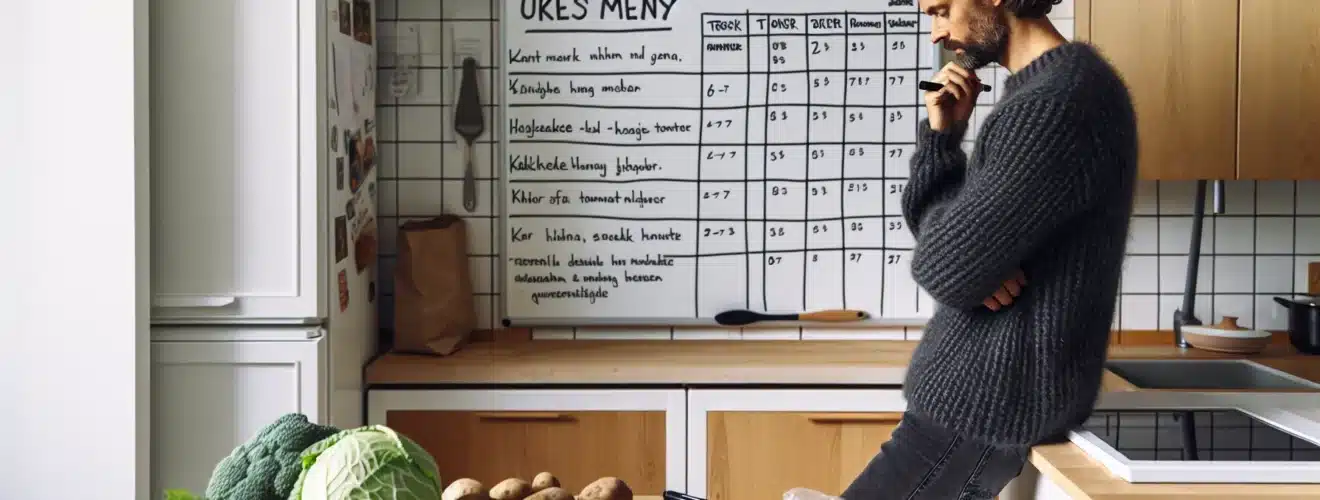 Norwegian adult planning a weekly menu with budget groceries and shopping list