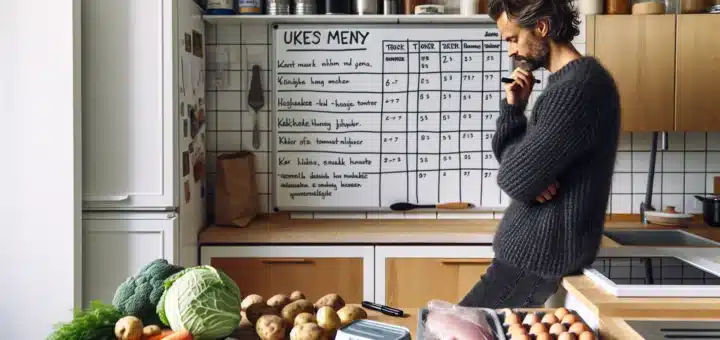Norwegian adult planning a weekly menu with budget groceries and shopping list
