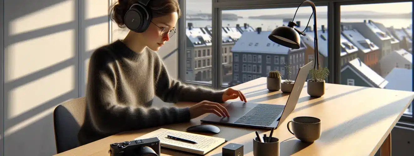 Norwegian affiliate marketer optimizing content and analytics in a sunlit oslo home office
