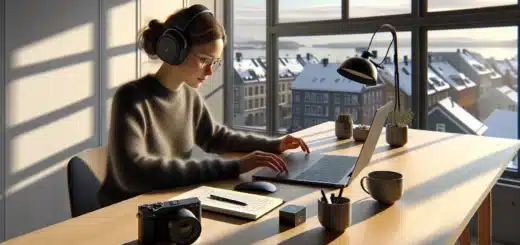 Norwegian affiliate marketer optimizing content and analytics in a sunlit oslo home office