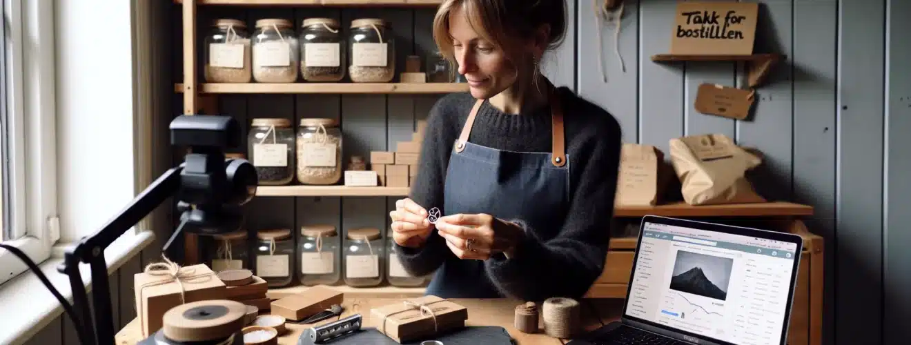Norwegian artisan photographing handmade silver ring for etsy beside sales dashboard