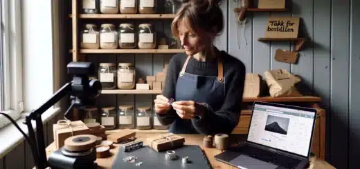 Norwegian artisan photographing handmade silver ring for etsy beside sales dashboard