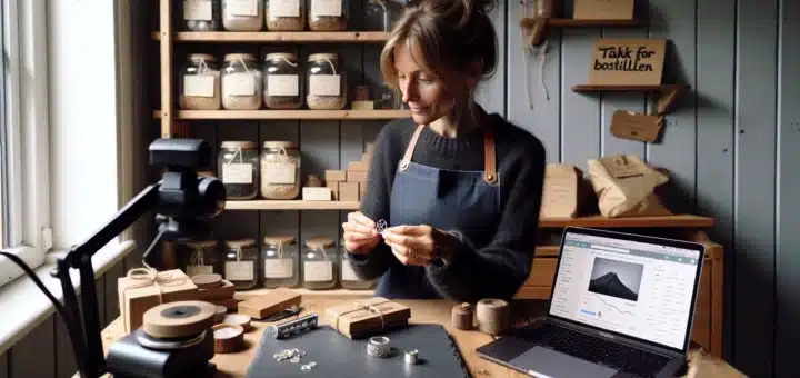 Norwegian artisan photographing handmade silver ring for etsy beside sales dashboard