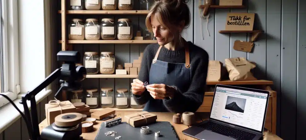 Norwegian artisan photographing handmade silver ring for etsy beside sales dashboard