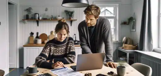 Norwegian couple comparing insurance quotes to save money at home