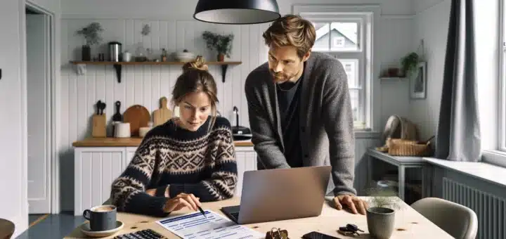 Norwegian couple comparing insurance quotes to save money at home