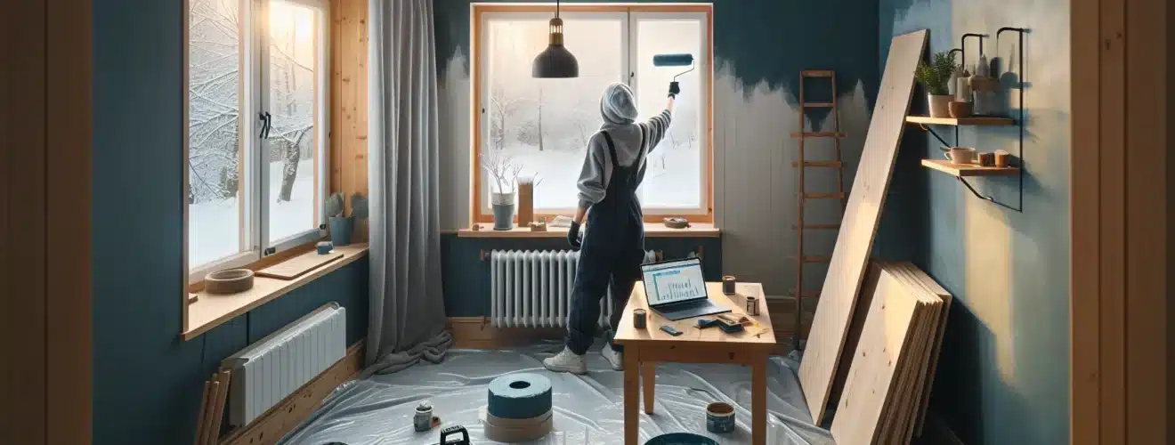 Norwegian couple painting and sealing a living room to save renovation costs