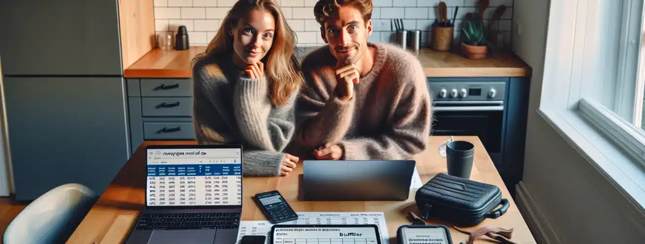 Norwegian couple planning a budget vacation with price alerts and september calendar