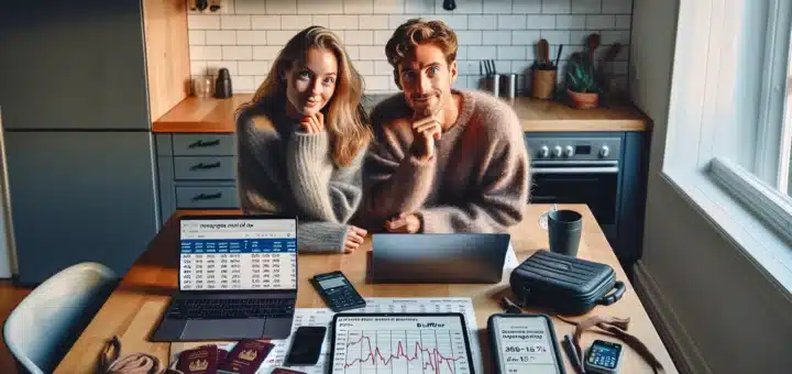 Norwegian couple planning a budget vacation with price alerts and september calendar