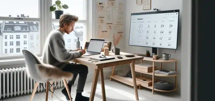 Norwegian designer creating digital templates at oslo home office with winter light