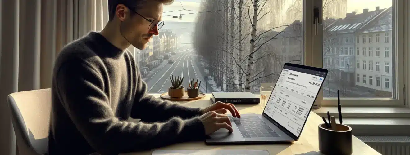 Norwegian freelance translator at oslo home office with cat tool and paid invoice