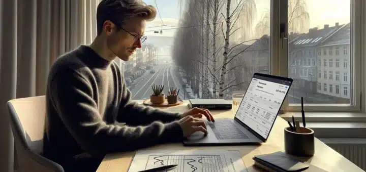 Norwegian freelance translator at oslo home office with cat tool and paid invoice