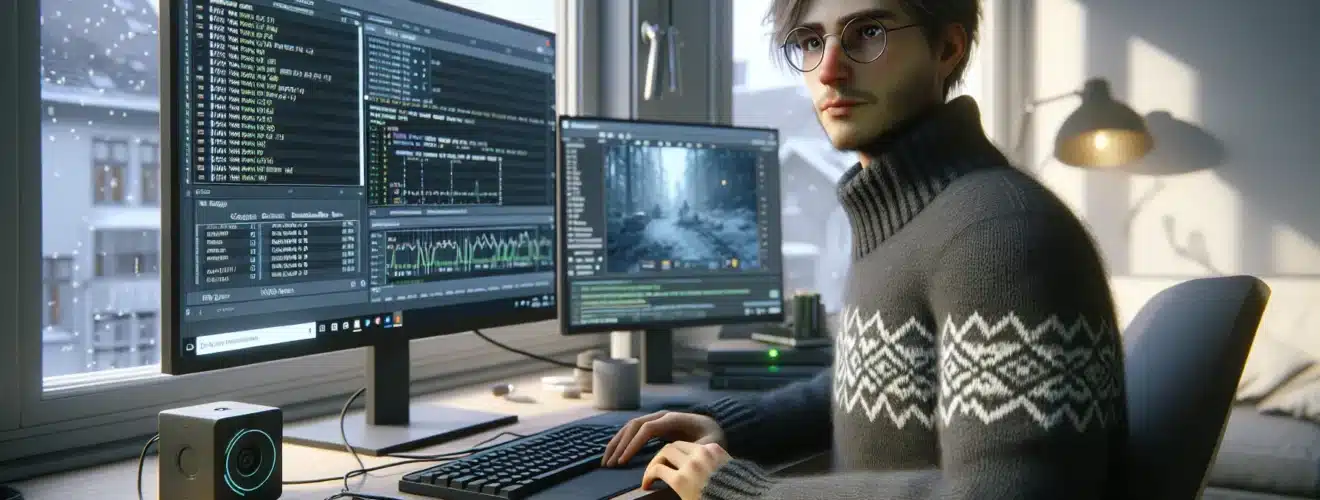 Norwegian gamer testing a game and logging bugs at dual monitors