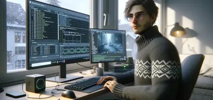 Norwegian gamer testing a game and logging bugs at dual monitors