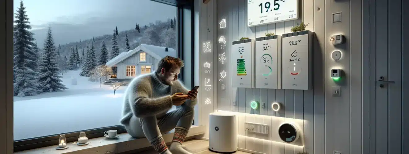 Norwegian homeowner manages smart heating and ev charging via phone at dusk