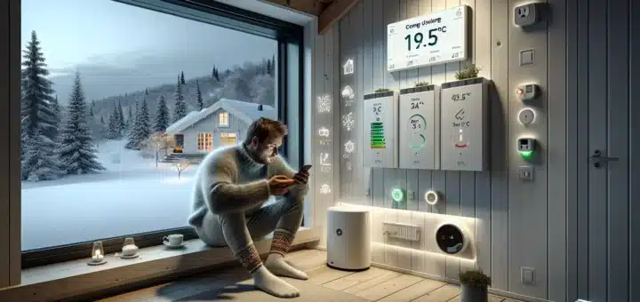 Norwegian homeowner manages smart heating and ev charging via phone at dusk