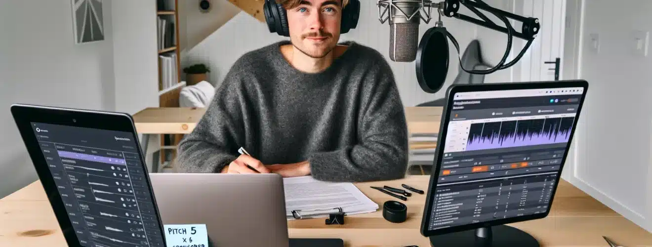 Norwegian podcaster planning monetization at a bright minimalist oslo home studio