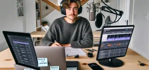 Norwegian podcaster planning monetization at a bright minimalist oslo home studio