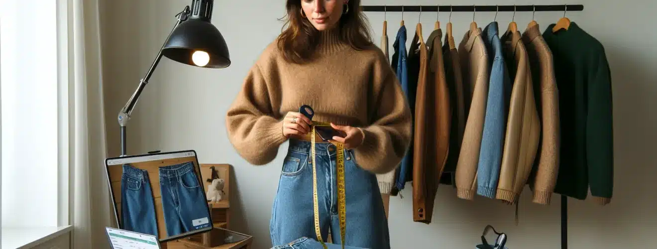 Norwegian seller measuring vintage jeans and photographing items in a bright studio
