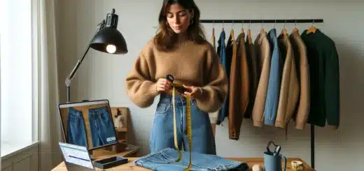 Norwegian seller measuring vintage jeans and photographing items in a bright studio