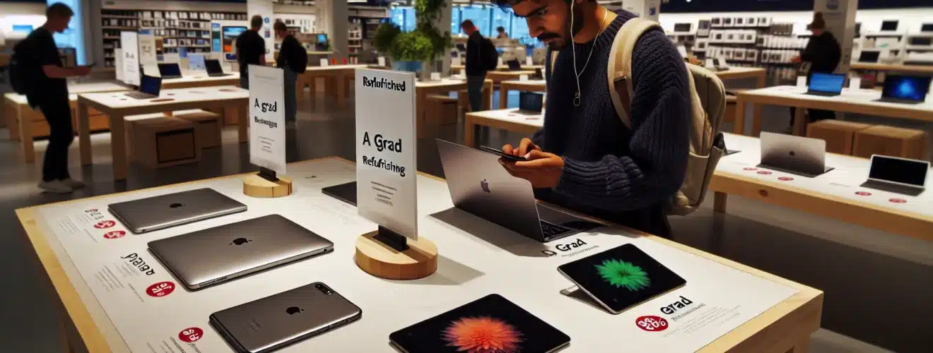 Norwegian shopper comparing refurbished laptops and phones with discount tags