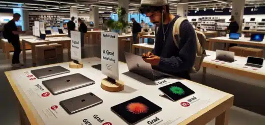Norwegian shopper comparing refurbished laptops and phones with discount tags