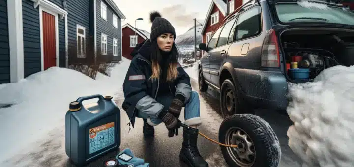 Norwegian woman checks tire pressure and car fluids on a snowy driveway