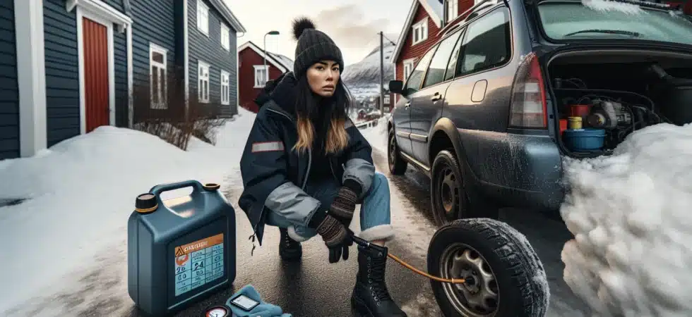 Norwegian woman checks tire pressure and car fluids on a snowy driveway