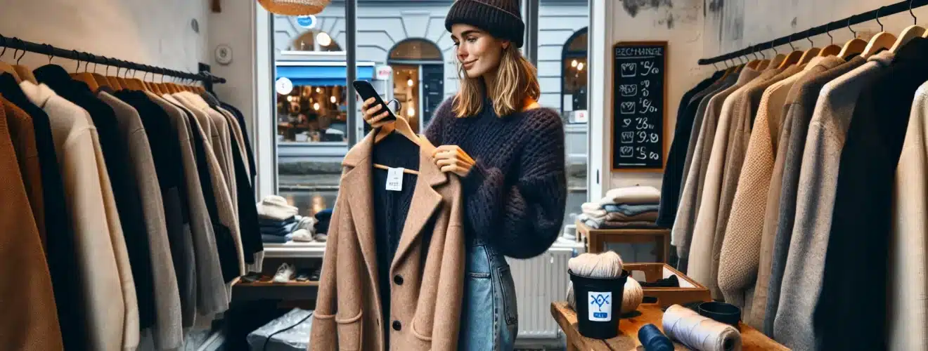 Shopper inspects wool coat in norwegian thrift store to save money