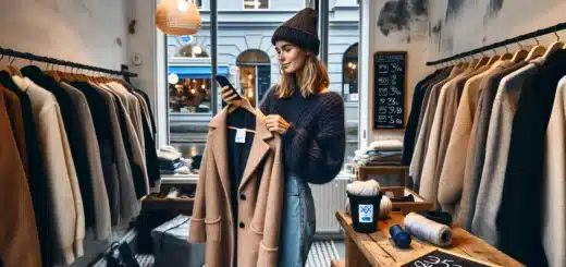 Shopper inspects wool coat in norwegian thrift store to save money