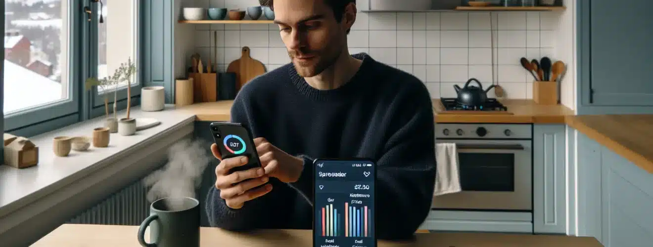 Young norwegian reviewing finance app with budgets savings goals and bankid security