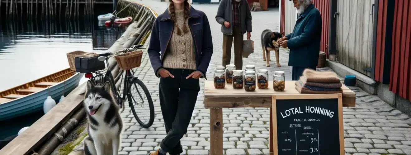 Entrepreneur sells local goods and services in a small norwegian fjord town