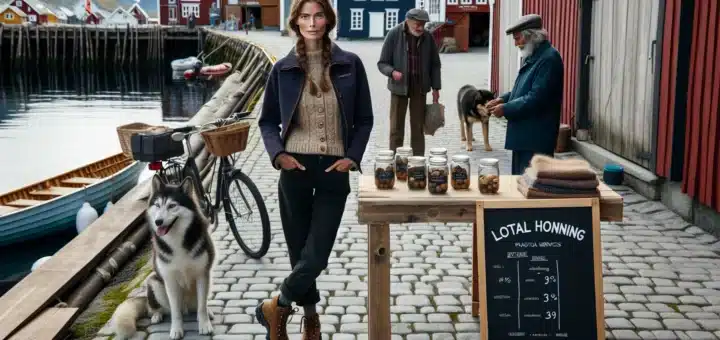 Entrepreneur sells local goods and services in a small norwegian fjord town