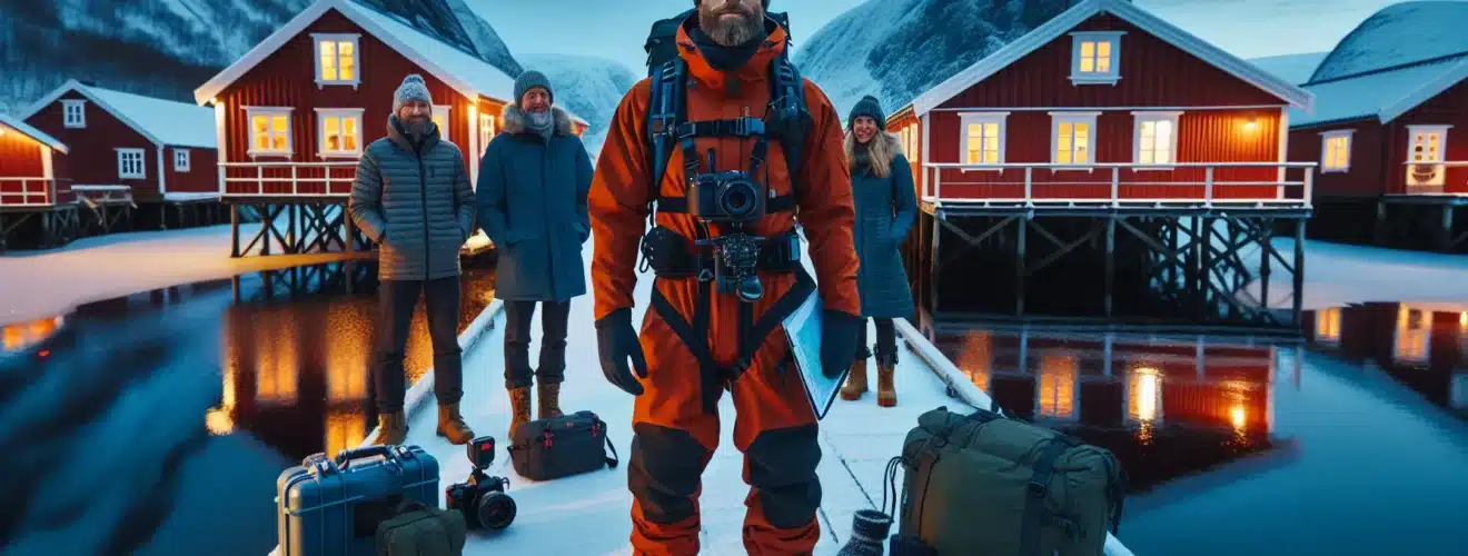 Guide briefs small group for aurora tour by norwegian fjord cabins at night