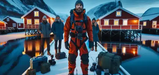 Guide briefs small group for aurora tour by norwegian fjord cabins at night