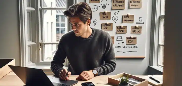 Norwegian entrepreneur planning a digital product launch with sales dashboards in oslo