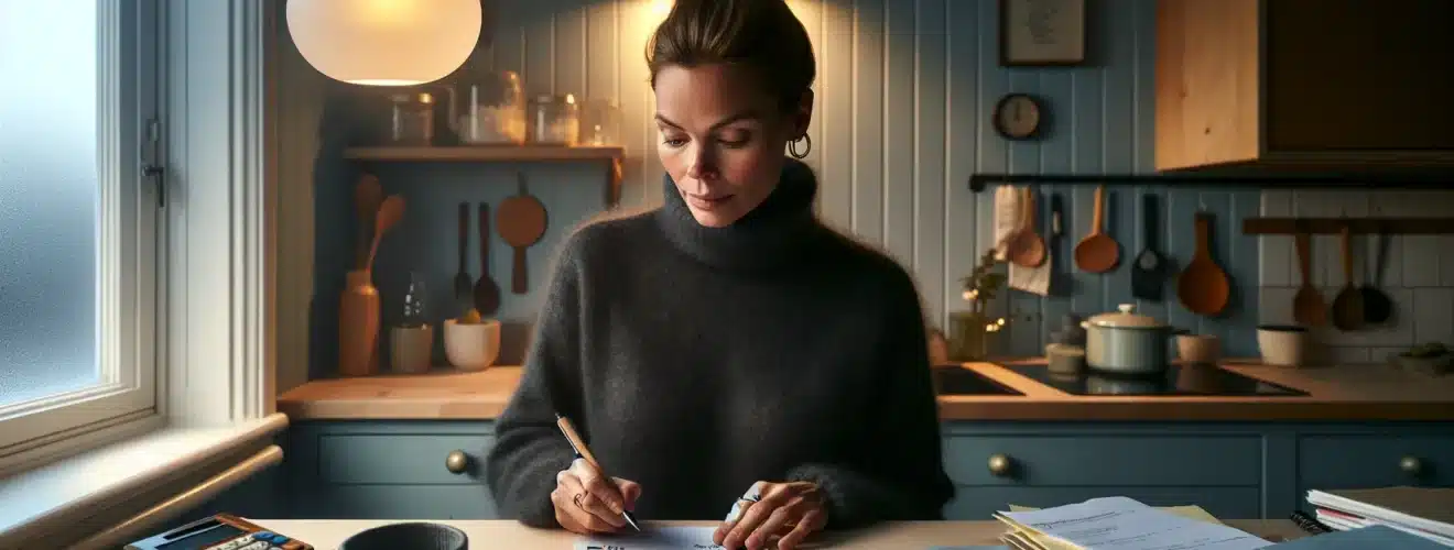 Norwegian woman budgeting at a kitchen table with bills and envelopes at dusk