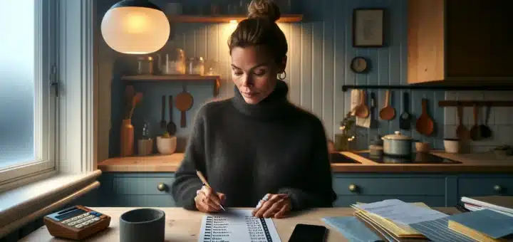 Norwegian woman budgeting at a kitchen table with bills and envelopes at dusk