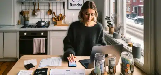 Norwegian woman budgeting with laptop banking app buffer jar and tax letter