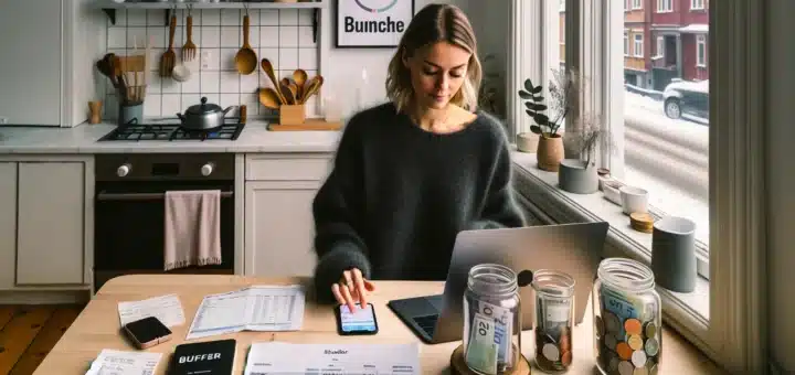 Norwegian woman budgeting with laptop banking app buffer jar and tax letter