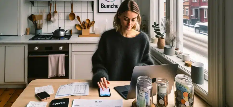 Norwegian woman budgeting with laptop banking app buffer jar and tax letter