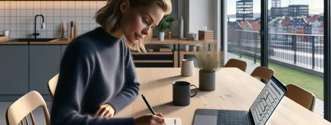 Norwegian woman planning smarter financial goals with a nok budget at home