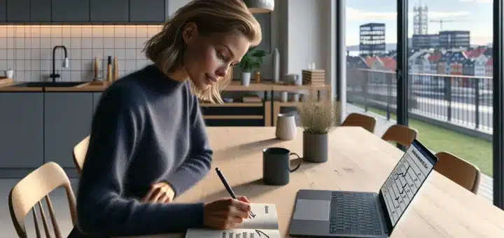 Norwegian woman planning smarter financial goals with a nok budget at home