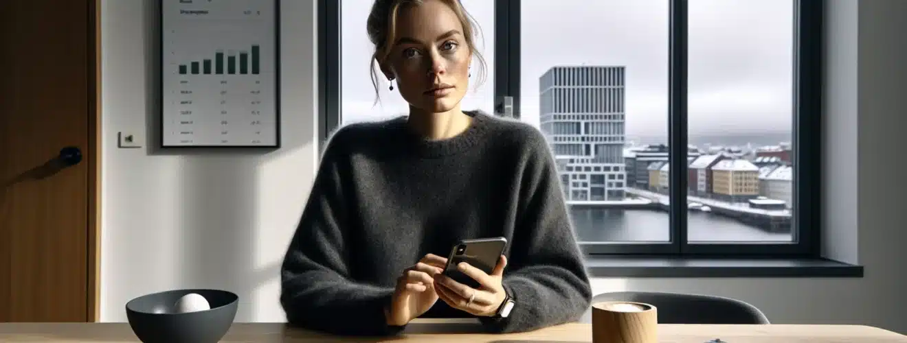 Norwegian woman reviews ai budgeting dashboard at home with phone and laptop