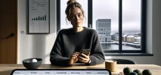 Norwegian woman reviews ai budgeting dashboard at home with phone and laptop