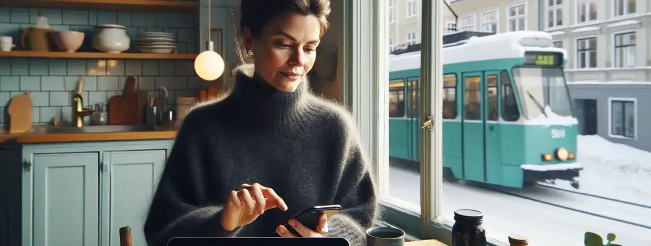 Norwegian woman sets automatic savings transfer at a bright winter kitchen table