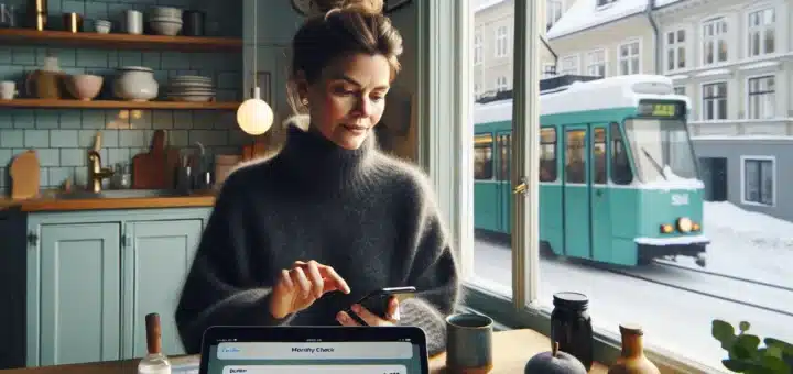 Norwegian woman sets automatic savings transfer at a bright winter kitchen table